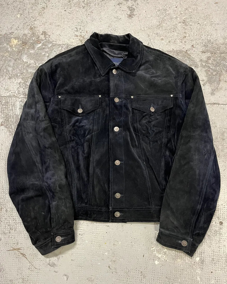 Versace Navy Suede Leather Trucker Jacket  GaJYGGB 0