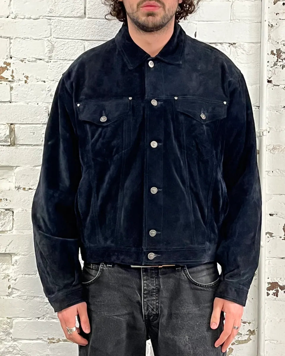 Versace Navy Suede Leather Trucker Jacket  GaJYGGB 1