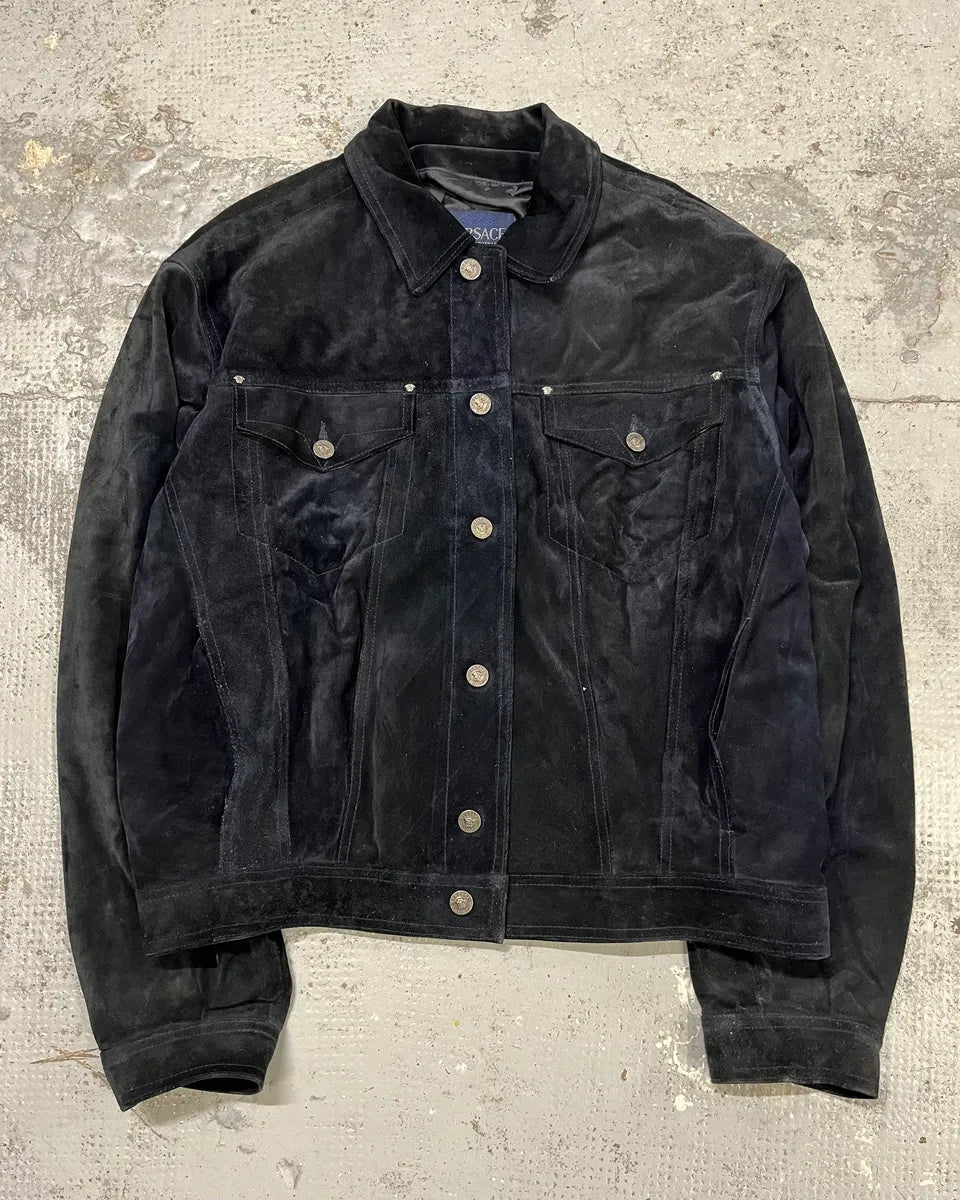 Versace Navy Suede Leather Trucker Jacket  GaJYGGB 3