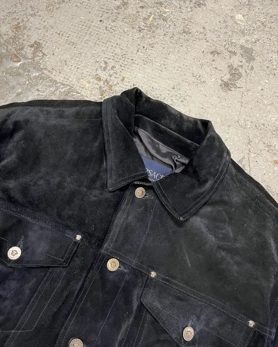 Versace Navy Suede Leather Trucker Jacket  GaJYGGB 4