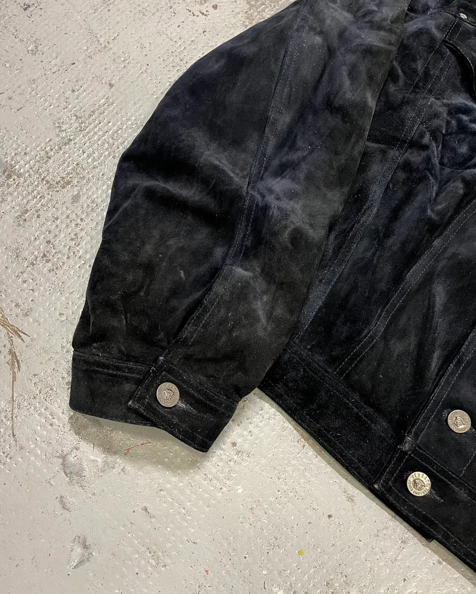 Versace Navy Suede Leather Trucker Jacket  GaJYGGB 5
