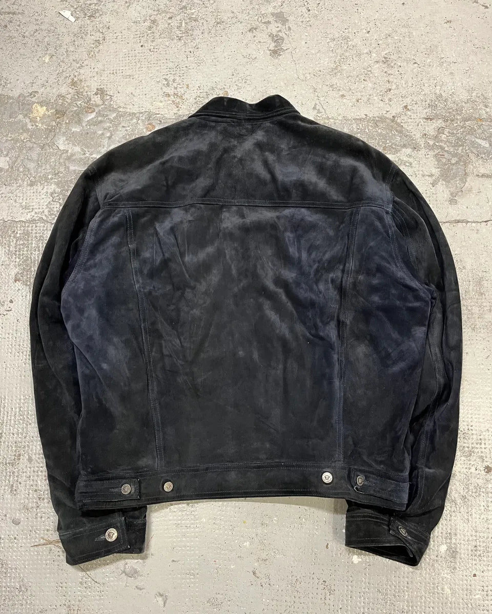 Versace Navy Suede Leather Trucker Jacket  GaJYGGB 6