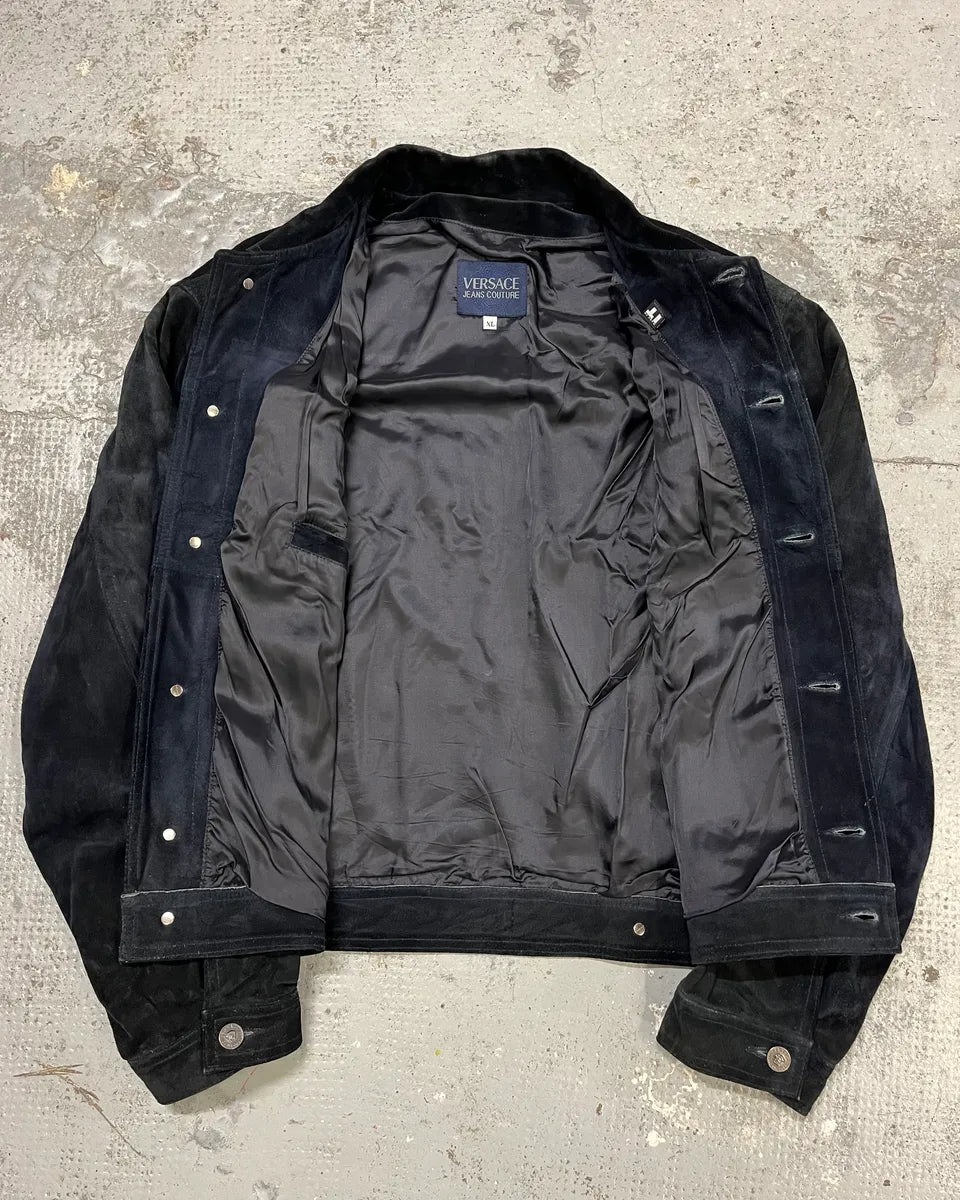 Versace Navy Suede Leather Trucker Jacket  GaJYGGB 7