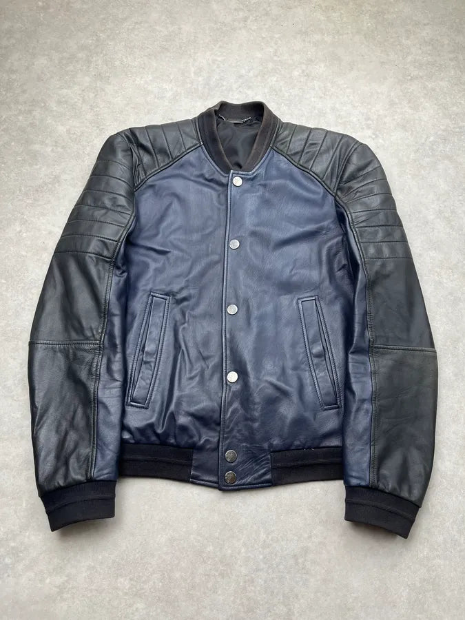Versace Quilted Armor Navy & Black Leather Jacket LjjripL 0