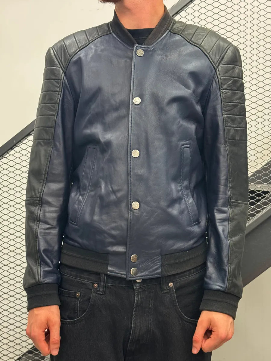Versace Quilted Armor Navy & Black Leather Jacket LjjripL 1