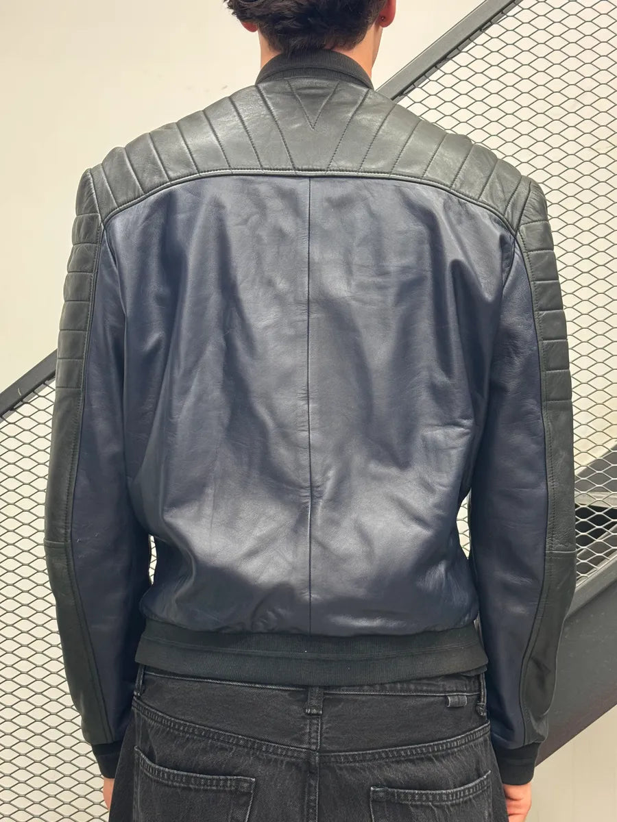 Versace Quilted Armor Navy & Black Leather Jacket LjjripL 2