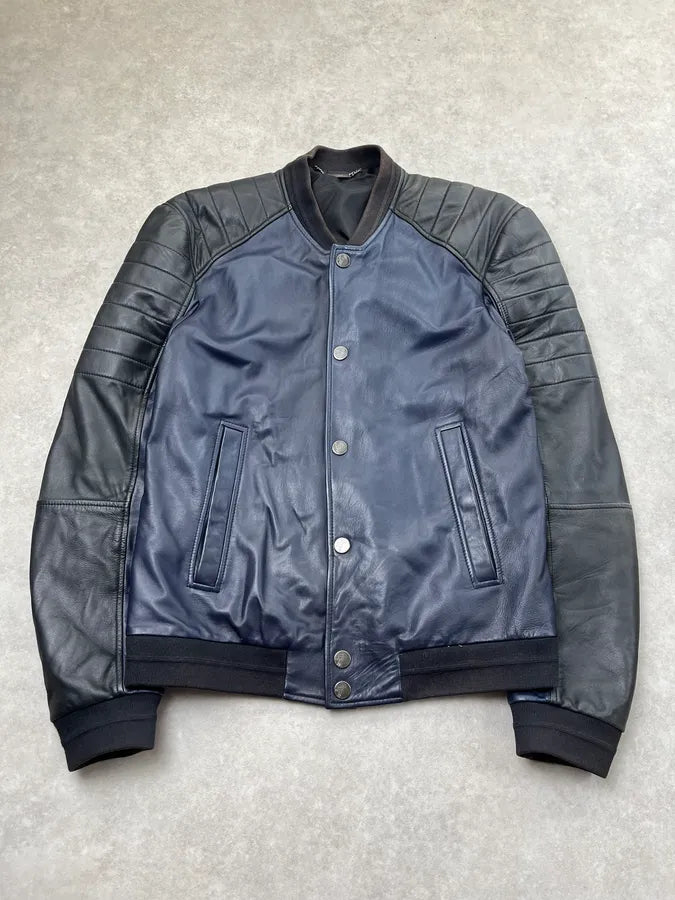 Versace Quilted Armor Navy & Black Leather Jacket LjjripL 3