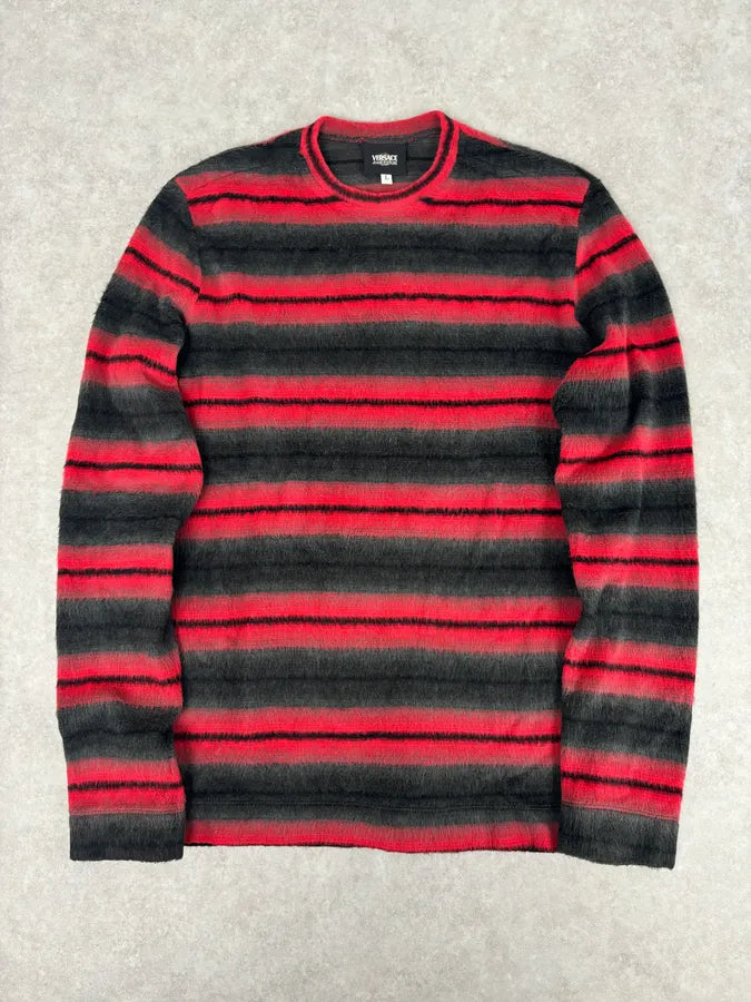 2000s Versace Red & Black Wool Striped Light Sweater uncCiYi 0