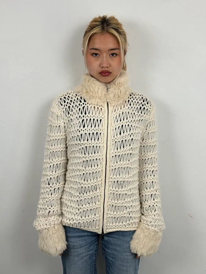 Versace White Fur Collar Wool Zip-Up Jacket OYcfqJS 1