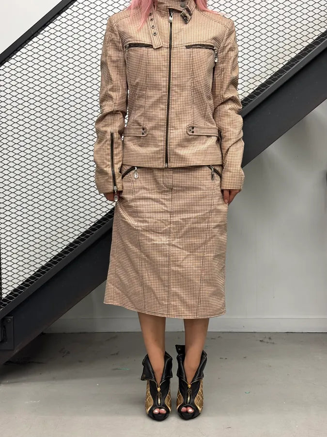 2000s Versace Beige Checkered Set Jacket & Skirt WmIUmwO 0