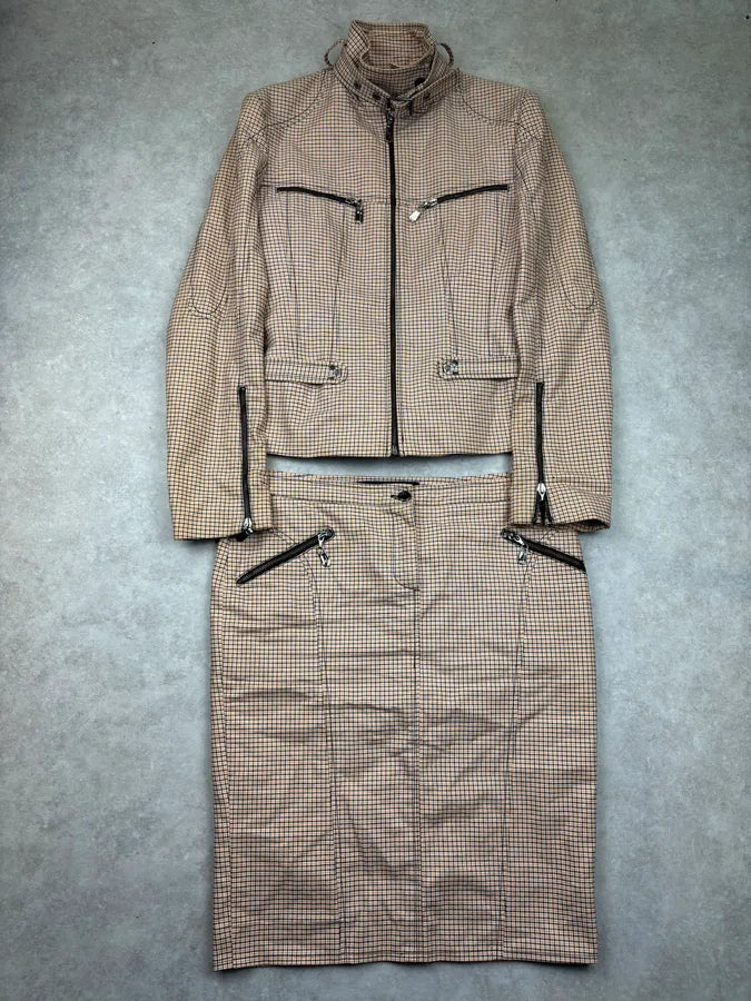 2000s Versace Beige Checkered Set Jacket & Skirt WmIUmwO 3