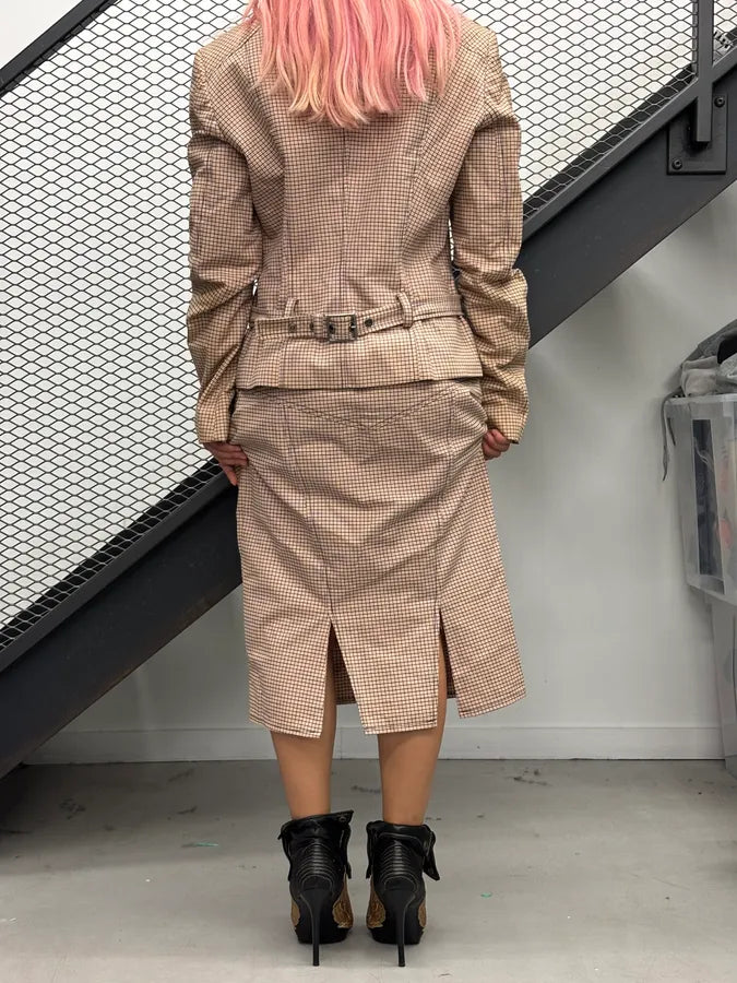 2000s Versace Beige Checkered Set Jacket & Skirt WmIUmwO 2