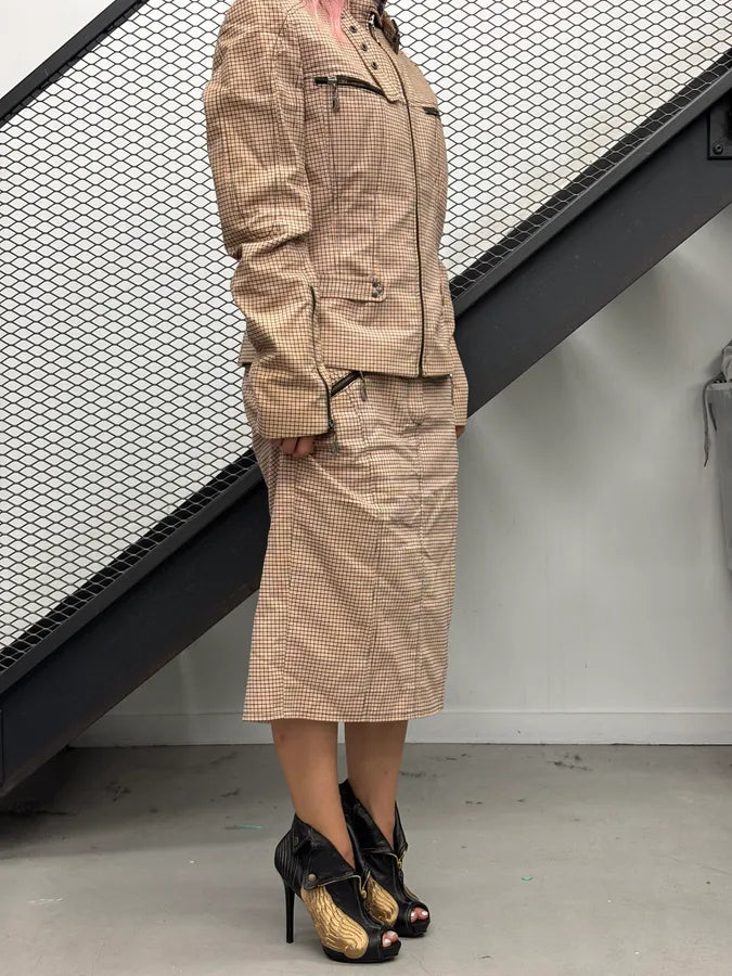2000s Versace Beige Checkered Set Jacket & Skirt WmIUmwO 1