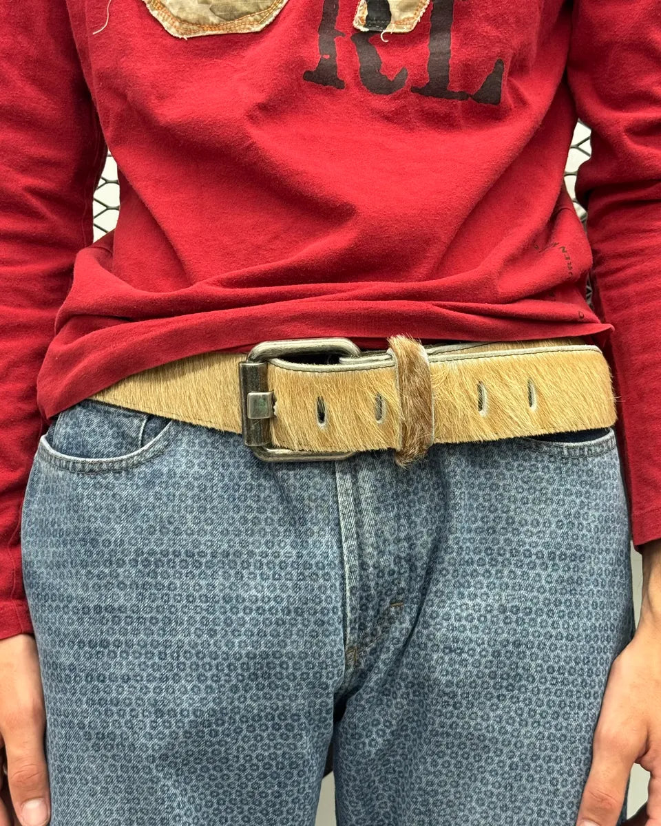 Vintage Beige Cowhide Fur Leather Belt jqKakTd 1