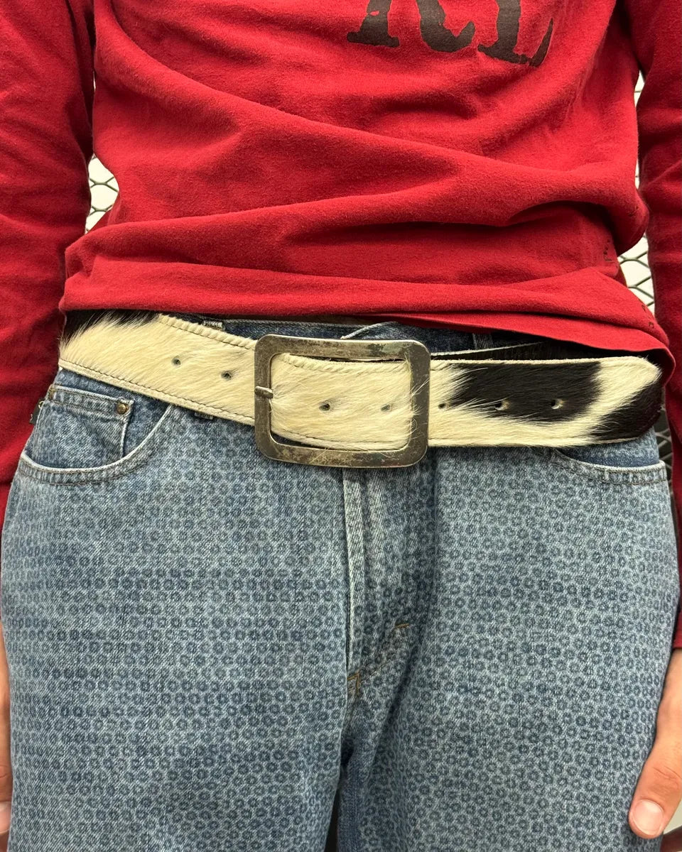 Vintage Black & White Cowhide Fur Leather Belt PhsPjQd 1