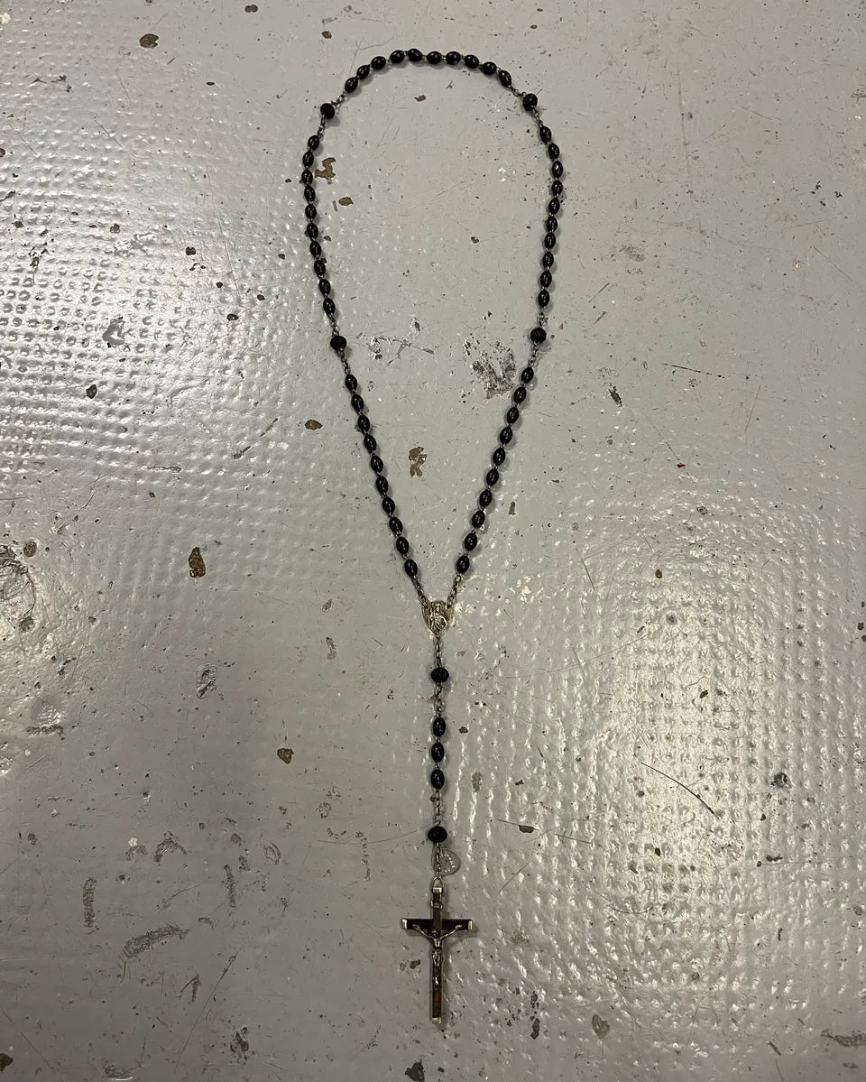 Vintage Black Beaded Metal Rosary Necklace TfEOeMS 0