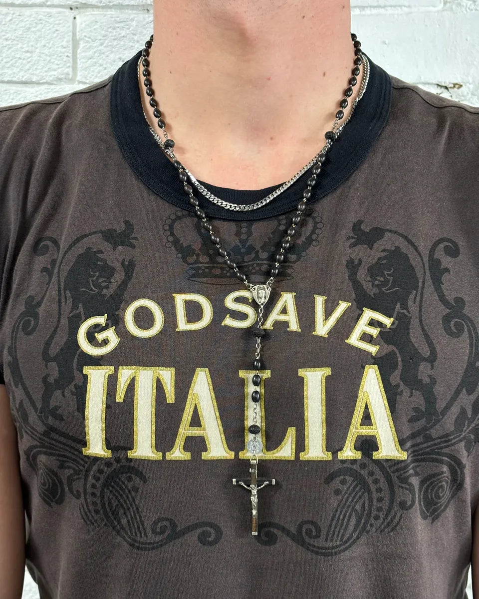 Vintage Black Beaded Metal Rosary Necklace TfEOeMS 1