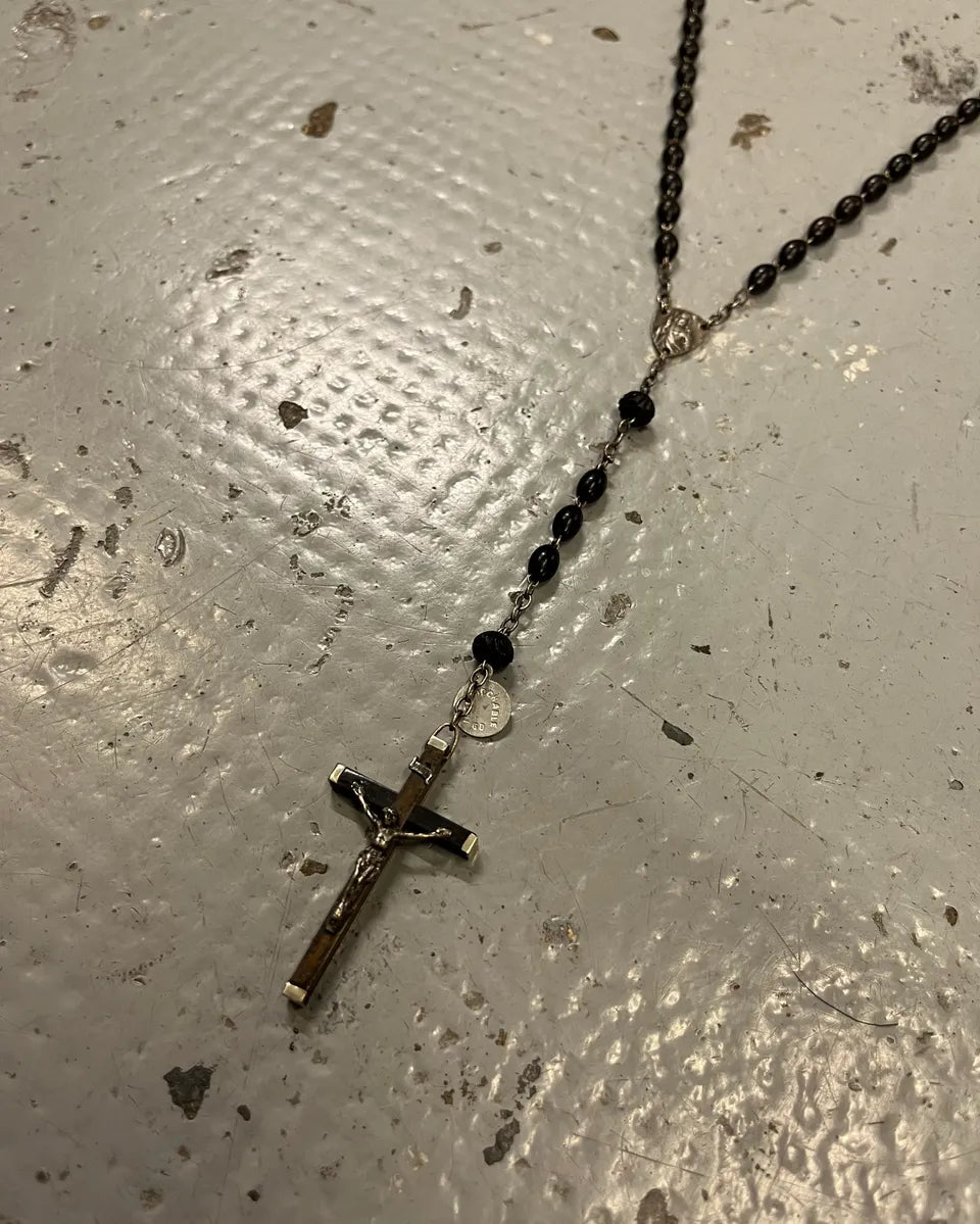 Vintage Black Beaded Metal Rosary Necklace TfEOeMS 2