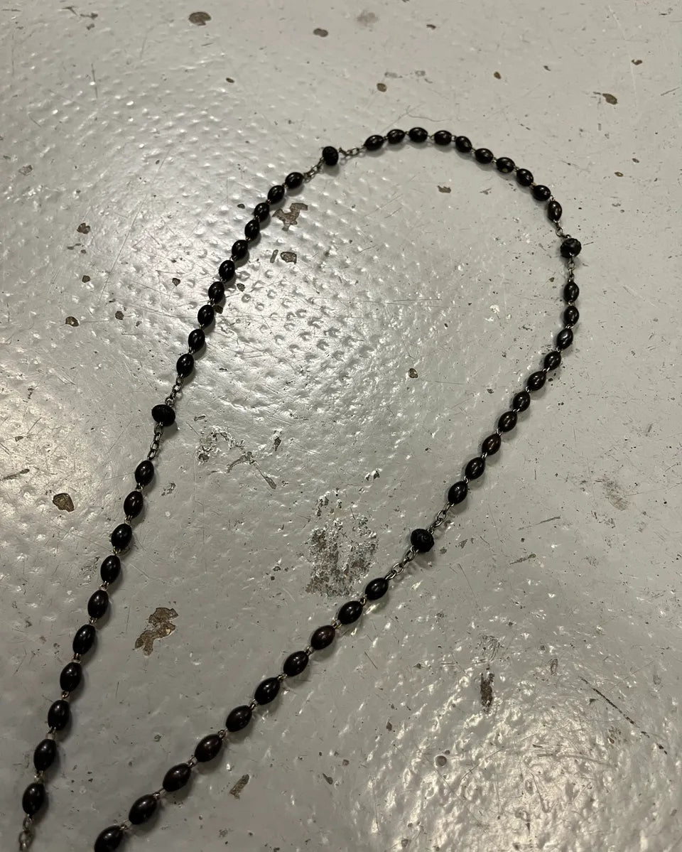 Vintage Black Beaded Metal Rosary Necklace TfEOeMS 3
