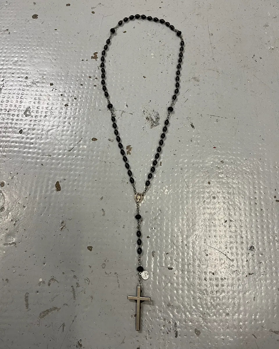 Vintage Black Beaded Metal Rosary Necklace TfEOeMS 4