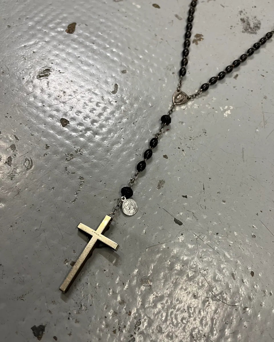 Vintage Black Beaded Metal Rosary Necklace TfEOeMS 5