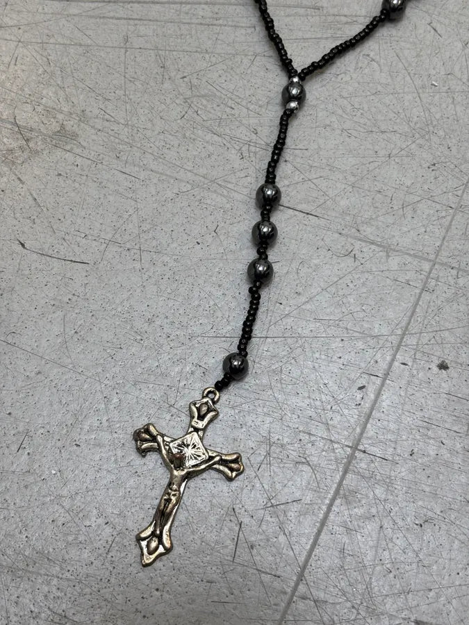 Vintage Black Beaded Rosary Necklace Cross Pendant aFPQvMd 4