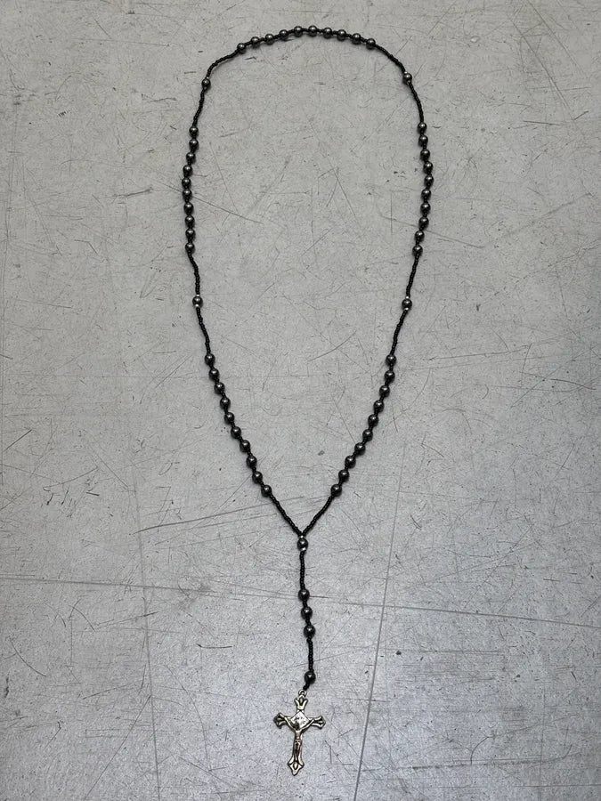 Vintage Black Beaded Rosary Necklace Cross Pendant aFPQvMd 0