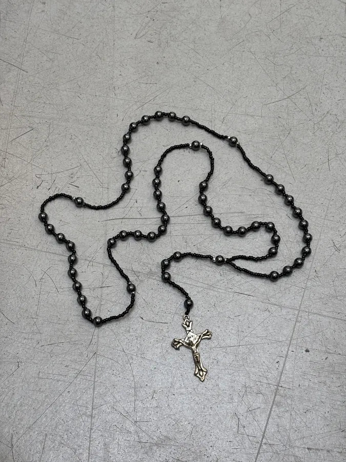 Vintage Black Beaded Rosary Necklace Cross Pendant aFPQvMd 3