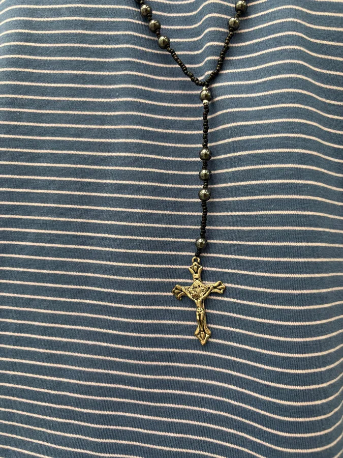 Vintage Black Beaded Rosary Necklace Cross Pendant aFPQvMd 2
