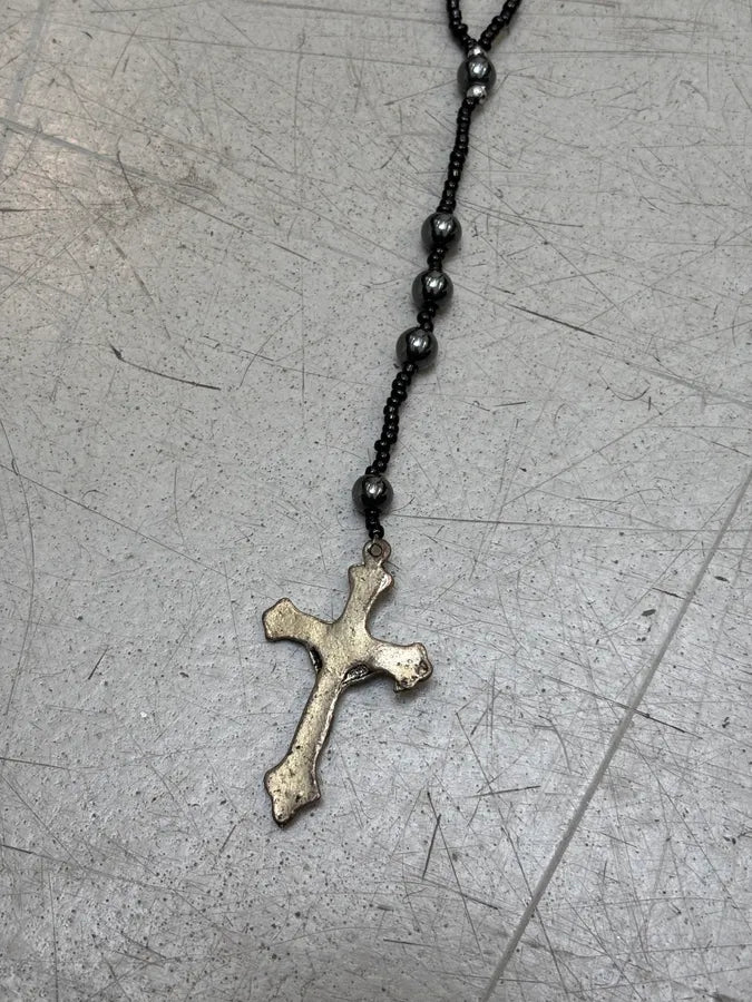 Vintage Black Beaded Rosary Necklace Cross Pendant aFPQvMd 5