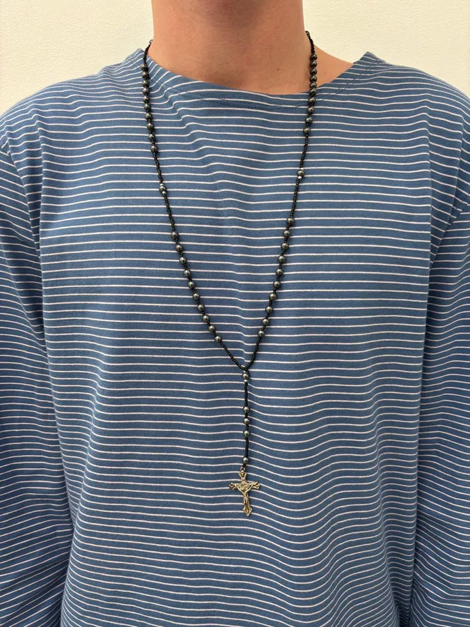 Vintage Black Beaded Rosary Necklace Cross Pendant aFPQvMd 1