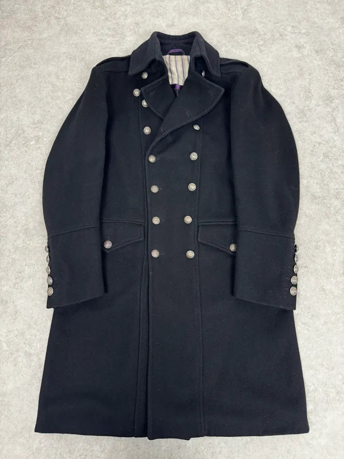 2000s Vintage Black Wool Officer Buttoned Coat LwfbsdA 0