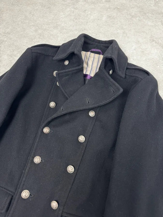 2000s Vintage Black Wool Officer Buttoned Coat LwfbsdA 4