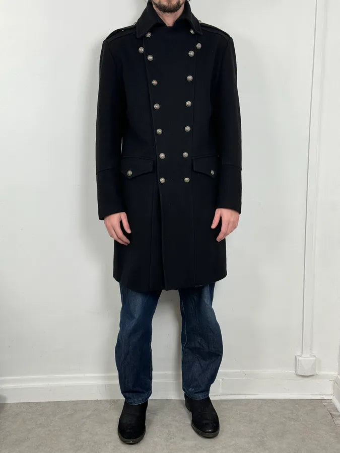 2000s Vintage Black Wool Officer Buttoned Coat LwfbsdA 1