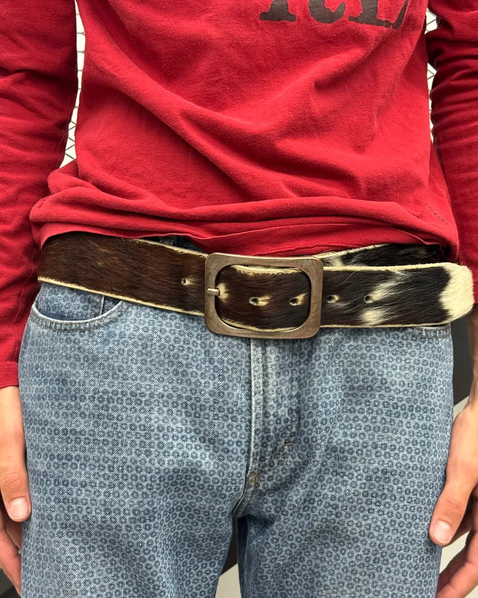 Vintage Brown &  White Cowhide Fur Leather Belt ExYxgVj 1