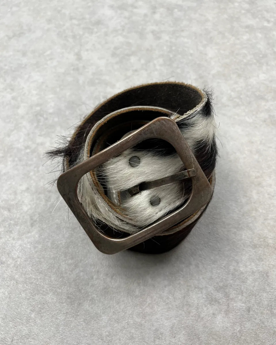 Vintage Brown &  White Cowhide Fur Leather Belt ExYxgVj 2