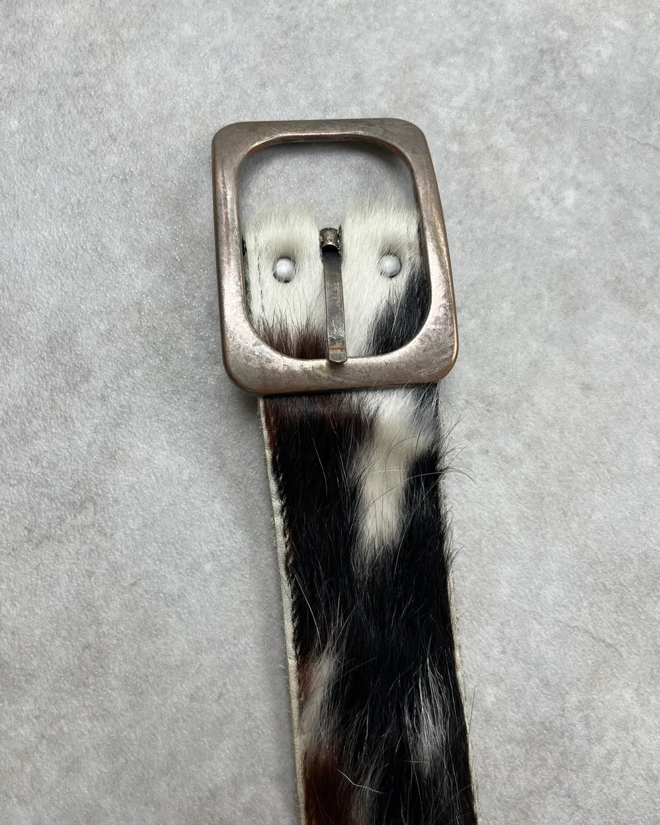 Vintage Brown &  White Cowhide Fur Leather Belt ExYxgVj 4