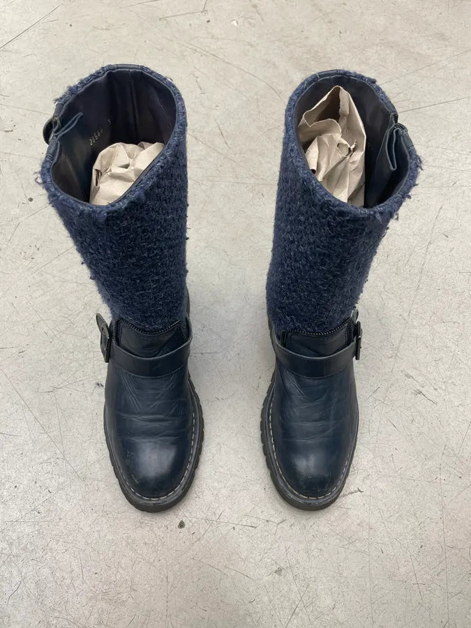 Chanel Navy Leather Tweed Buckle Combat Boots dzymLyG 3