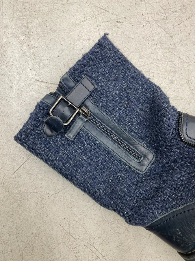 Chanel Navy Leather Tweed Buckle Combat Boots dzymLyG 7