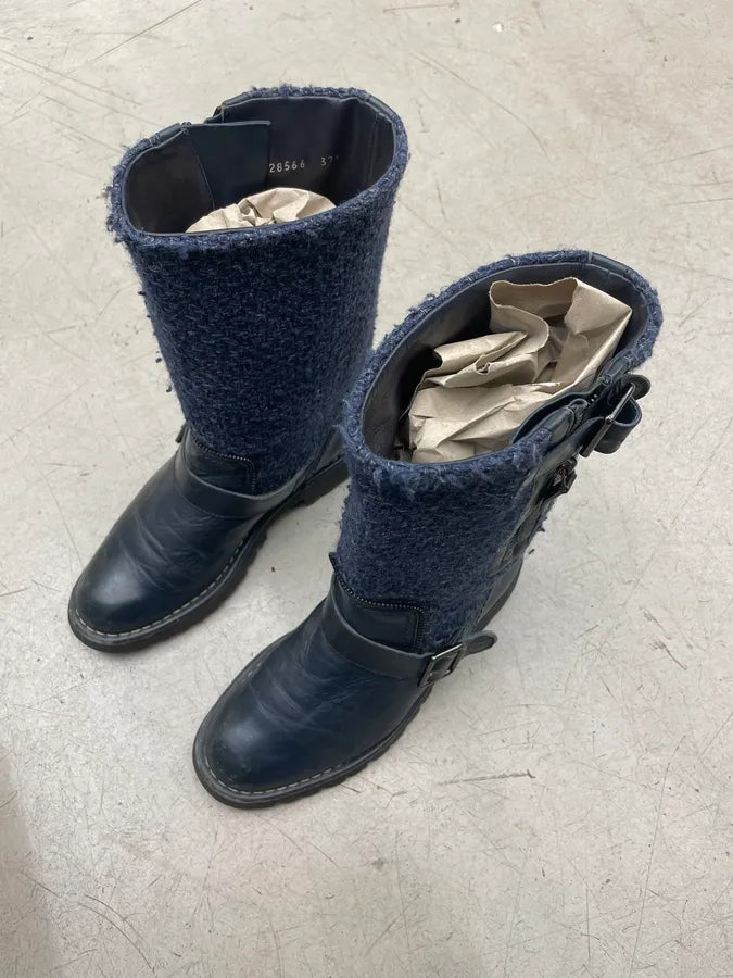 Chanel Navy Leather Tweed Buckle Combat Boots dzymLyG 4