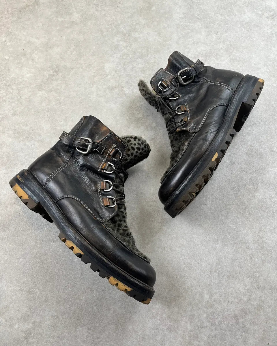 Vintage Dark Brown Leather & Animal Effect Fake Fur Boots  EqHeKQl 1