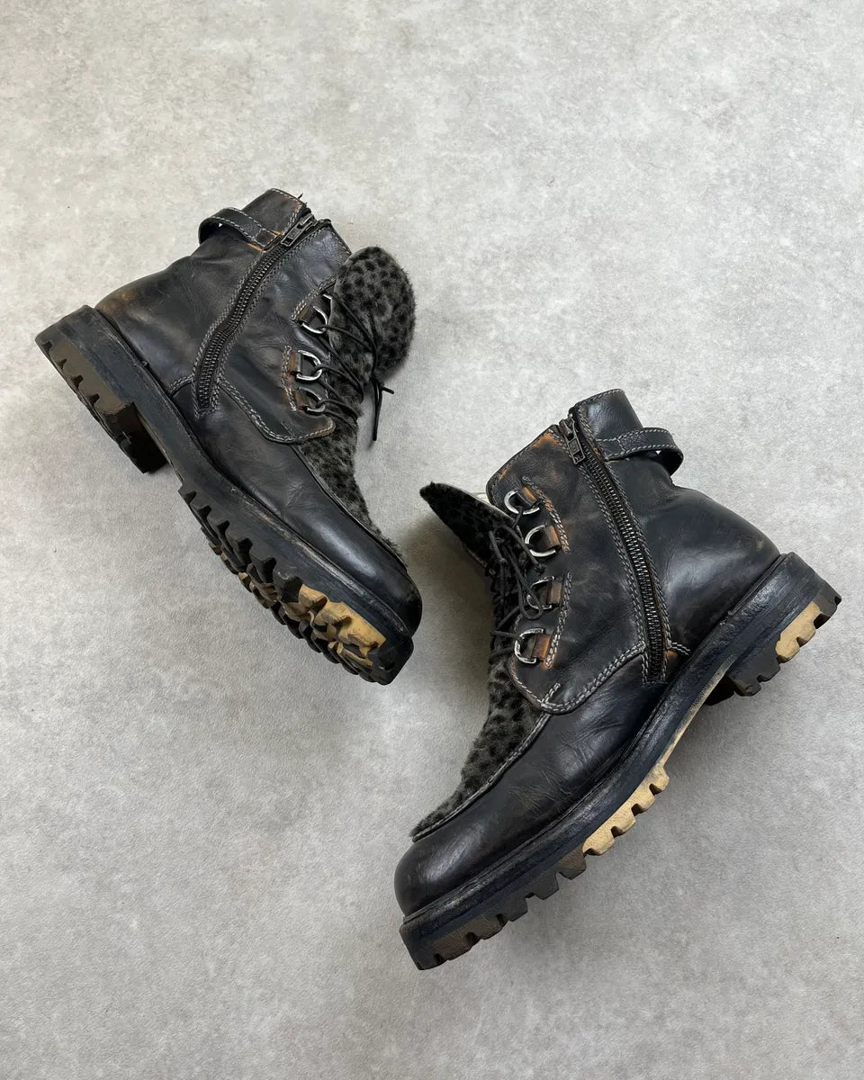 Vintage Dark Brown Leather & Animal Effect Fake Fur Boots  EqHeKQl 2