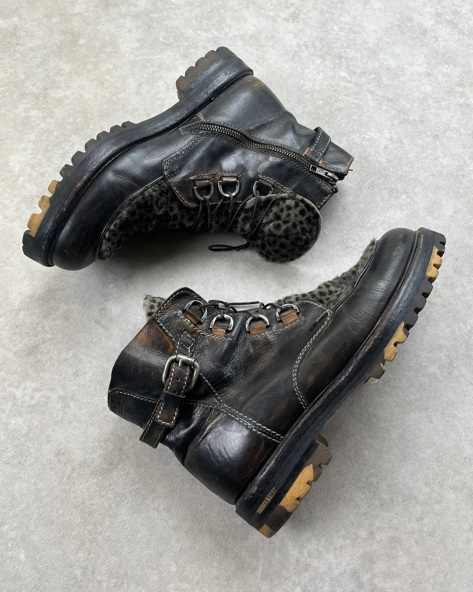 Vintage Dark Brown Leather & Animal Effect Fake Fur Boots  EqHeKQl 3