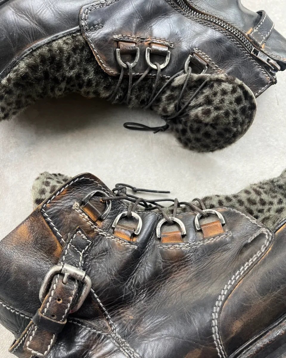 Vintage Dark Brown Leather & Animal Effect Fake Fur Boots  EqHeKQl 4