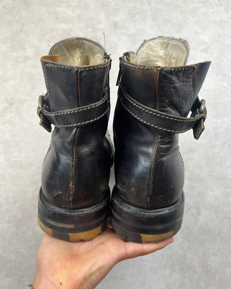 Vintage Dark Brown Leather & Animal Effect Fake Fur Boots  EqHeKQl 6