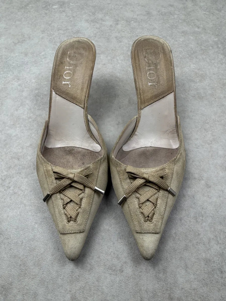 AW2002 Dior Beige Suede Kitten Laced Pumps by John Galliano FodceGF 2