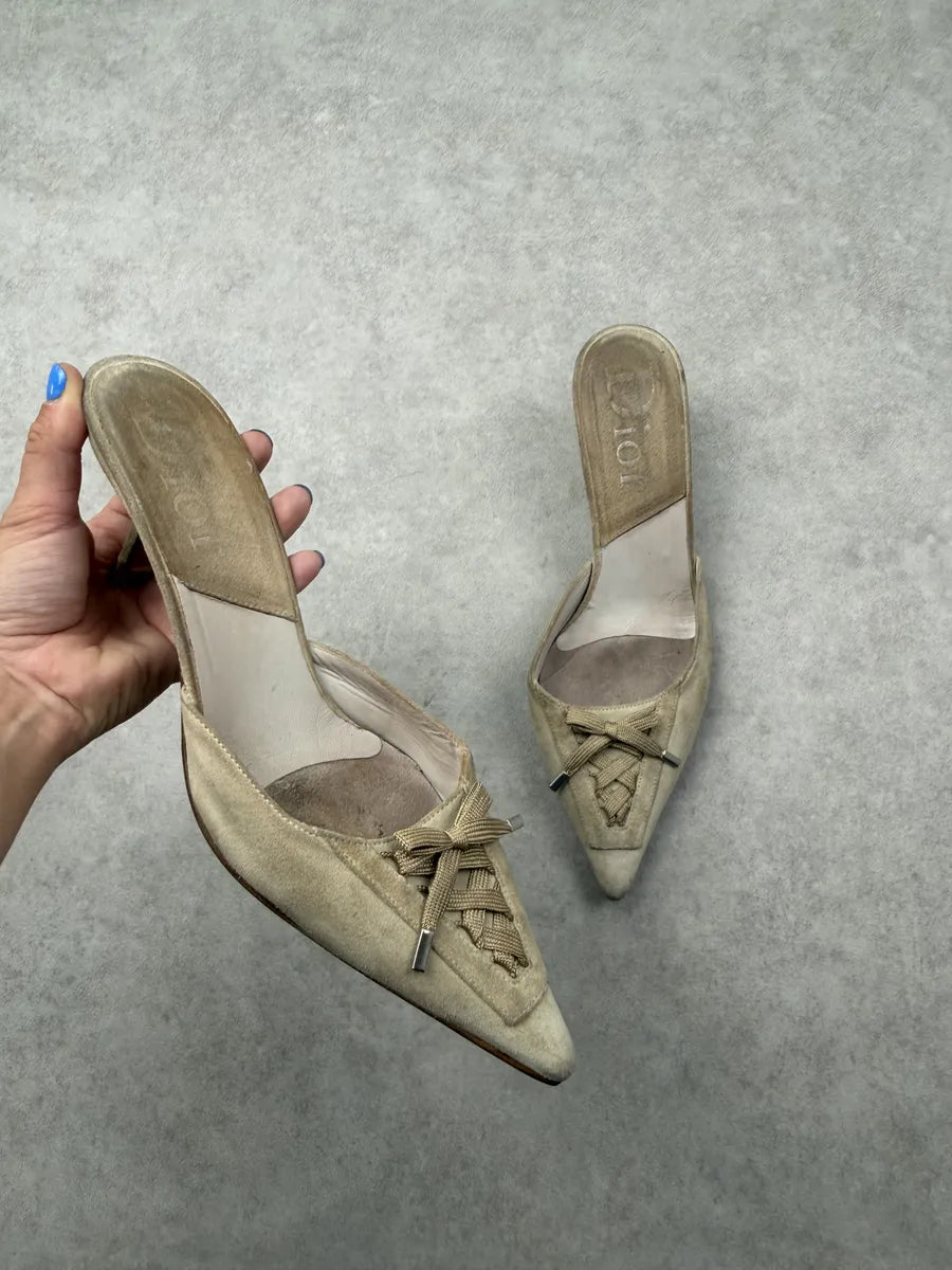 AW2002 Dior Beige Suede Kitten Laced Pumps by John Galliano FodceGF 0