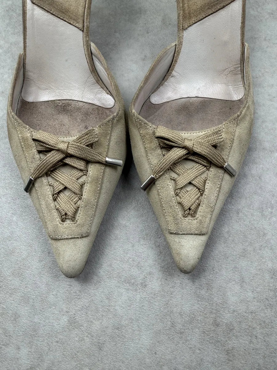 AW2002 Dior Beige Suede Kitten Laced Pumps by John Galliano FodceGF 3