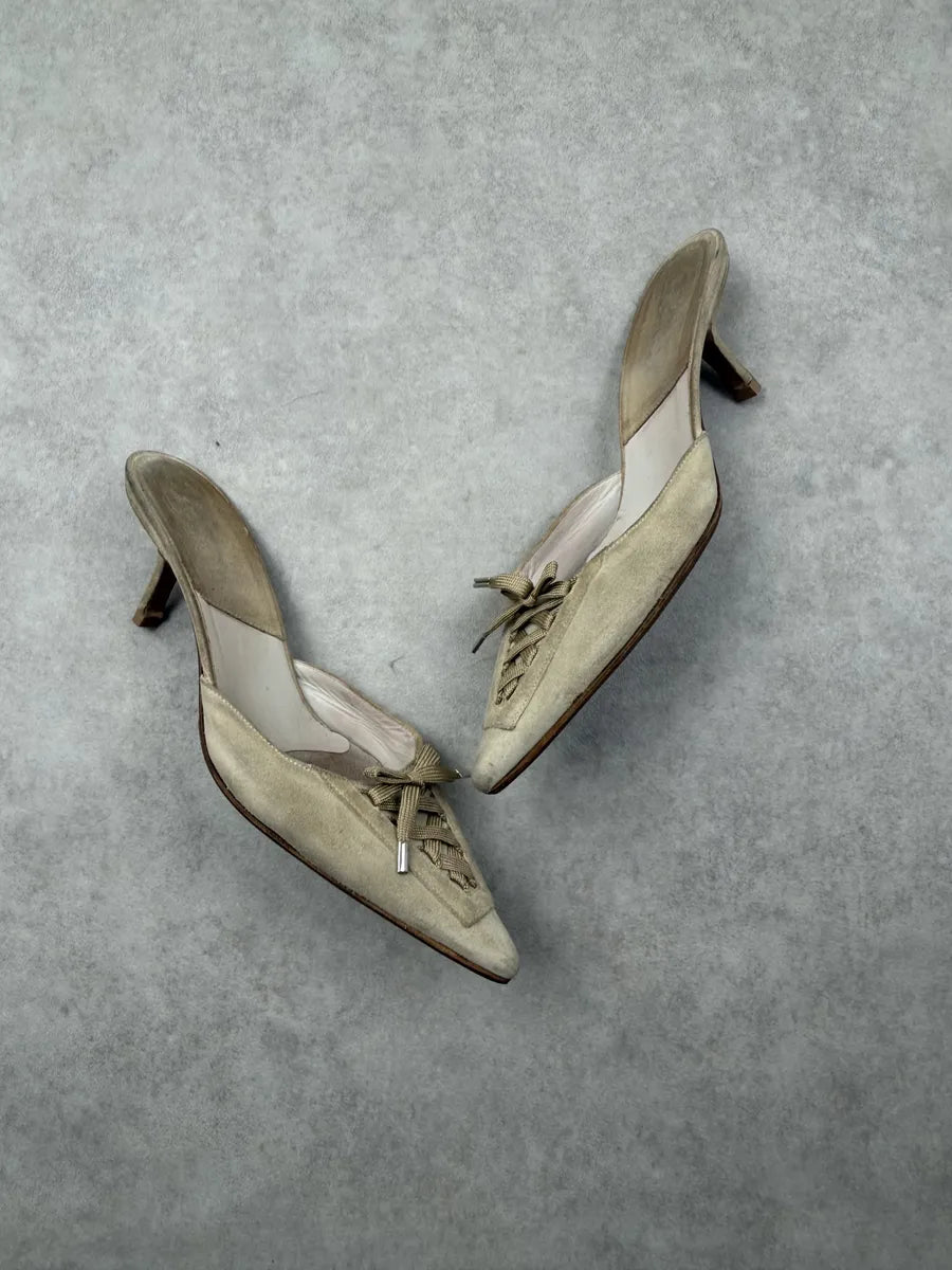 AW2002 Dior Beige Suede Kitten Laced Pumps by John Galliano FodceGF 4
