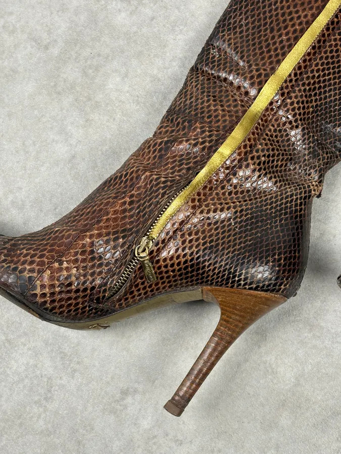 2000s Dolce & Gabbana Brown Python Leather Knee-High Heeled Boots OfYETSU 14